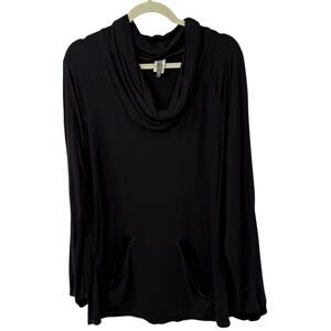 XCVI Velvet Trim Cowl neck Top Large Black Pullover Long sleeve Kangaroo Pocket